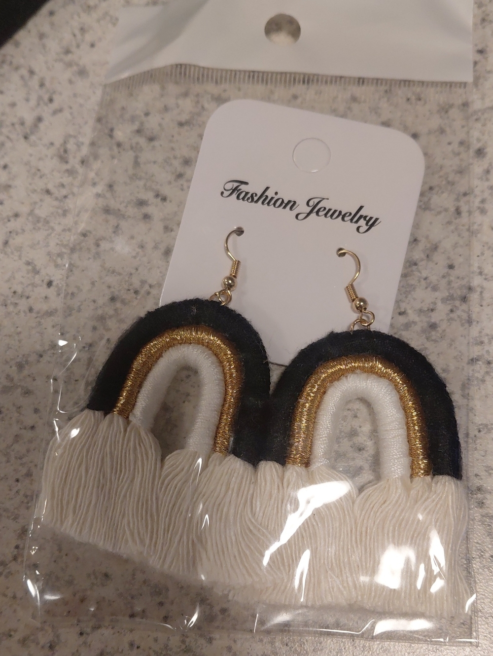 Fashion Jewelry Black, Gold & Cream Rainbow Fringe Earrings
